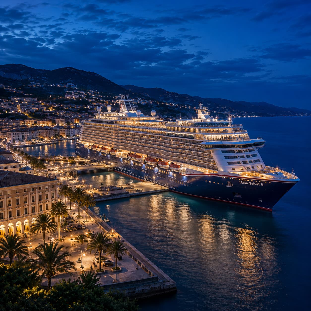 A Mediterranean port at blue hour