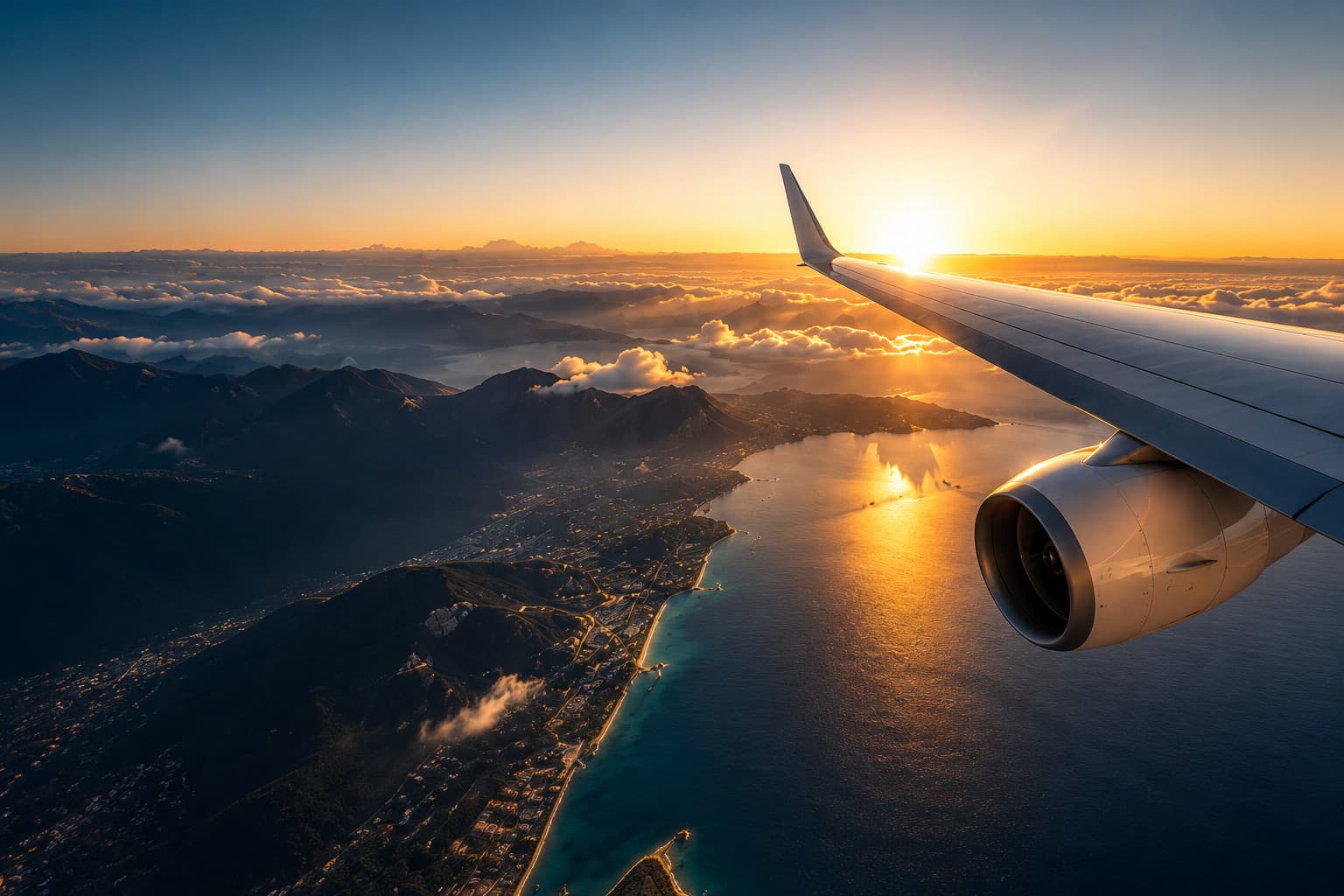 View from an airplane window over golden clouds at sunset